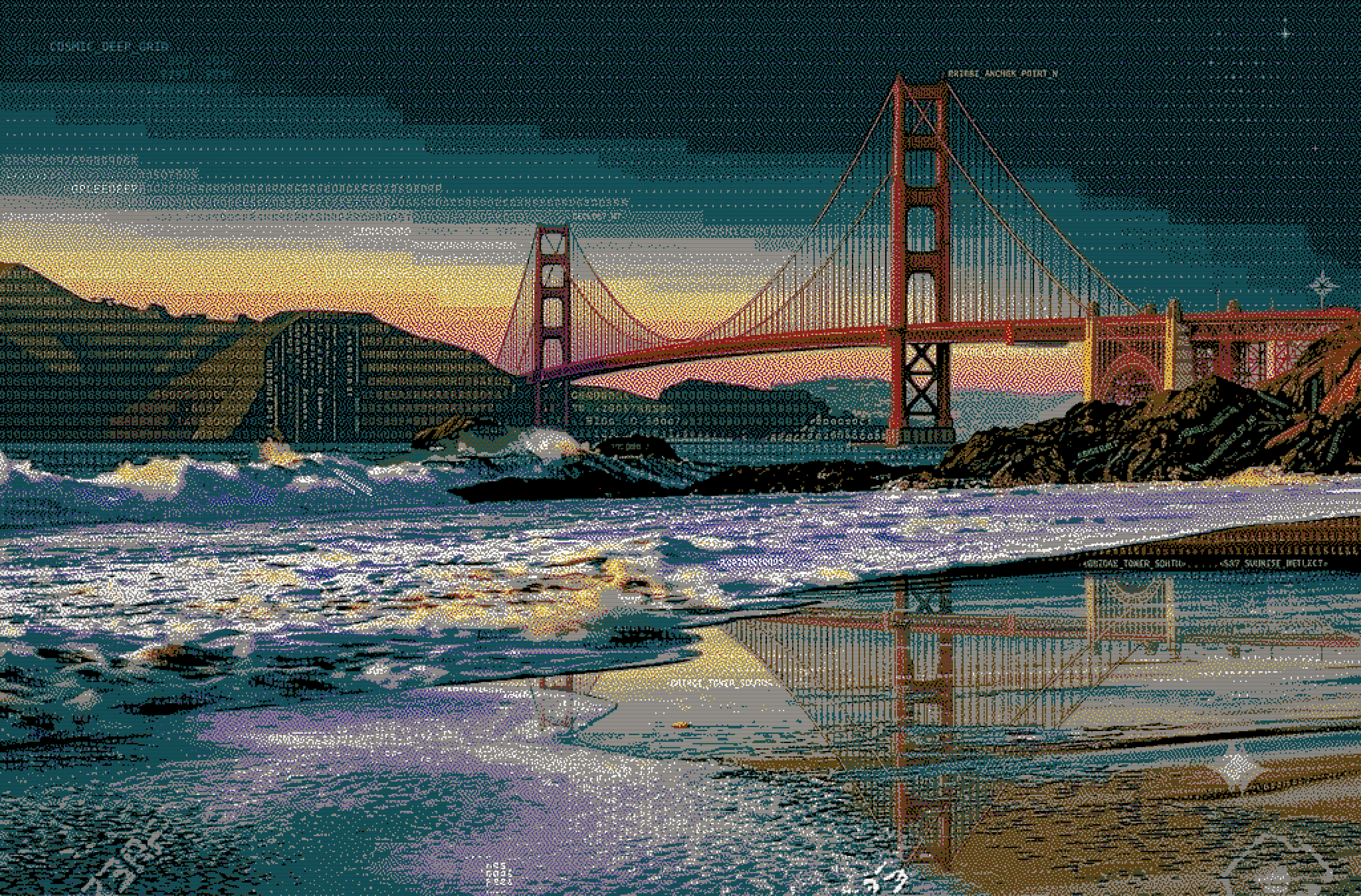 ASCII-art rendering of the Golden Gate Bridge at sunset